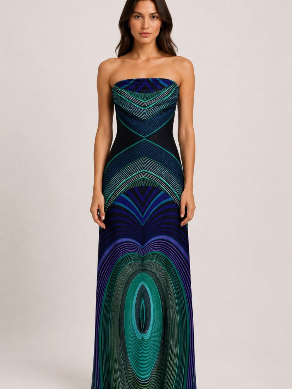 Strapless Maxi Dress Bandeau Style in Peacock Colors by Papillon XS/S